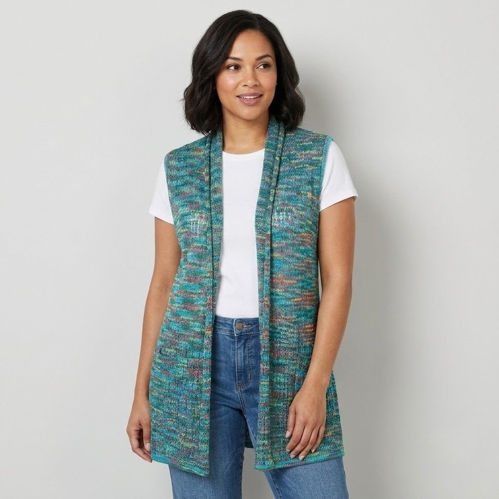 Kaktus Sweater Vest Womens Medium Teal Knit Cardigan Boho Artsy Lagenlook Hippie